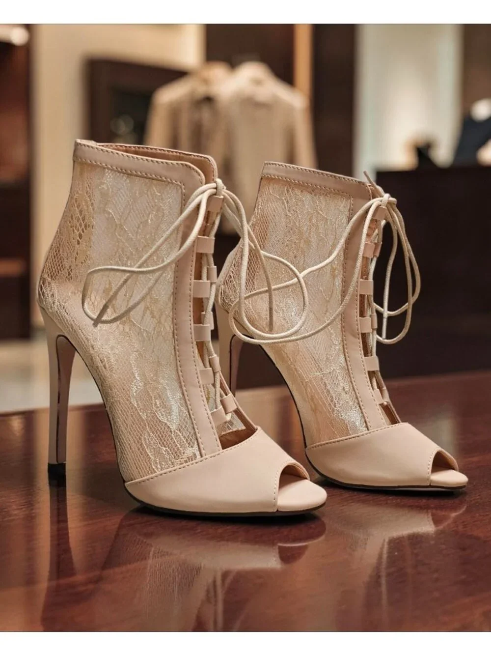 Peep Toe Lace-Up Stiletto Booties With Sheer Lace Panels Nude Beige High Heel An - Picture 7 of 12